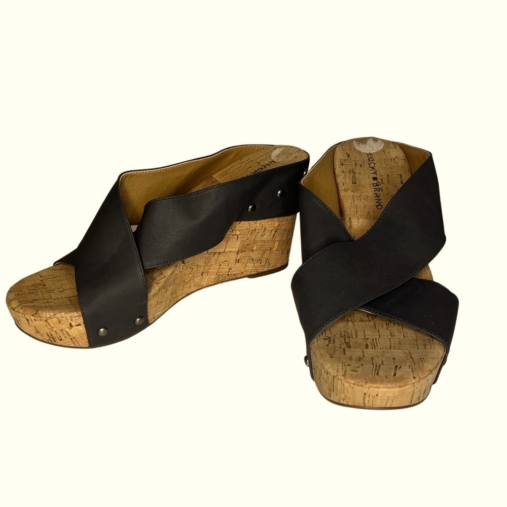 Lucky Brand Mykayla Grey Leather Cork Platform Wedge Sandals, Summer Shoes
